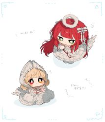 Rule 34 | 2girls, alice thymefield, blonde hair, chibi, chibi only, do9 8ni8, dress, fake wings, green eyes, halo, highres, long hair, multiple girls, red hair, simple background, ukinami yuzuha, veil, white dress, white halo, white veil, white wings, wings, zenless zone zero