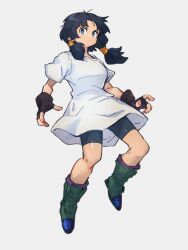 Rule 34 | 1girl, bike shorts, black gloves, black hair, blue eyes, dragon ball, dragonball z, fingerless gloves, full body, gloves, green footwear, kemachiku, long shirt, looking at viewer, shirt, short sleeves, simple background, solo, twintails, videl, white background, white shirt