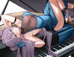 1girl absurdres arm_behind_head arm_strap arm_up armpits azur_lane bare_shoulders blue_dress blue_eyes blue_gloves breasts cleavage dress gloves grand_piano grey_hair hand_up high_heels highres instrument intrepid_(azur_lane) large_breasts long_hair looking_at_viewer lying on_back parted_lips piano see-through_cleavage see-through_clothes side_slit sleeveless sleeveless_dress solo thighs two_side_up vayneeeee very_long_hair