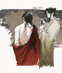 2boys absurdres adjusting_hair back bare_back black_hair blood blood_on_arm blood_on_back chinese_clothes chinese_commentary clothes_down coat coat_partially_removed dao_gui_yi_xian faux_traditional_media from_behind hair_bun hair_down half_updo hanfu highres holding holding_own_hair ink_wash_painting li_huowang long_hair looking_at_another male_focus multiple_boys muyuyouyang off_shoulder rain red_coat robe single_bare_shoulder single_hair_bun undressing wet wet_clothes wet_hair white_hanfu yaoi zhuge_yuan