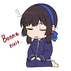 1girl barefoot black_hair blue_hairband blue_pajamas blush chibi closed_eyes commentary_request earrings freckles french_text fuminomino hairband highres jewelry kantai_collection long_sleeves mogador_(kancolle) open_mouth pajamas saliva simple_background sitting sleeping sleeping_upright solo white_background