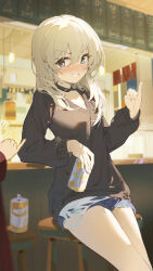 1girl 1other absurdres blush can coria denim denim_shorts girls_band_cry highres holding holding_can indoors kawaragi_momoka long_hair long_sleeves looking_at_viewer on_chair open_mouth short_shorts shorts sitting smile solo_focus standing sweater