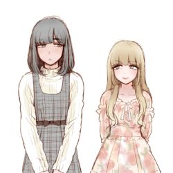 Rule 34 | 2boys, arisa (yuki touko), arms behind back, black hair, blonde hair, blunt bangs, crossdressing, dress, eye contact, floral print, frills, height difference, looking at another, male focus, mole, mole under eye, mole under mouth, multiple boys, original, parted lips, plaid, ribbon, seira (yuki touko), smile, trap, turtleneck, v arms, yuki touko
