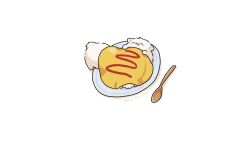 :3 =_= animal animal_focus artist_name blush_stickers closed_mouth dog fluffy food fuwa_fuwa_dog in_food ketchup lying no_humans omelet omurice on_back original plate simple_background spoon standing tongue tongue_out twitter_username white_background