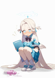 1girl ? ?? @_@ absurdres angel_wings apron barcode black_bow black_bowtie blue_apron blue_archive blue_bow blue_dress blue_eyes blue_halo blush bow bowtie clipboard dress eco_376124 flustered flying_sweatdrops hair_bow halo highres id_card long_hair lube mini_wings open_mouth sex_toy shoes simple_background socks solo sora_(blue_archive) squatting striped_bow striped_bowtie striped_clothes two_side_up very_long_hair vibrator white_background white_hair white_shoes wings