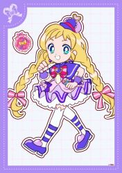 Rule 34 | 1girl, aqua eyes, bag bow, blonde hair, border, bow, bow earrings, bowtie, braid, bright pupils, brooch, capelet, clenched hands, collared capelet, compact (cosmetics), cosmetics, cure friendy, deerstalker, deformed, dot nose, dotted line, dress, dress bow, earrings, eyelashes, frilled headwear, grey background, grid background, grin, hair bow, hair ornament, happy, hat, heart, heart brooch, heart hair ornament, highres, inukai iroha, jewelry, lace-trimmed wrist cuffs, lace trim, leg ribbon, long hair, looking at viewer, low twin braids, magical girl, mary janes, mini hat, multicolored bow, outline, petticoat, pink bow, pink bowtie, pleated dress, precure, purple bag, purple border, purple bow, purple brooch, purple capelet, purple dress, purple hat, purple ribbon, purple shoes, purple wrist cuffs, ribbon, shoes, short dress, signature, single stripe, smile, solo, striped bow, striped bowtie, striped clothes, tareme, thighhighs, twin braids, uwded 207, very long hair, waist bag, walking, white outline, white pupils, white thighhighs, wonderful pact, wonderful precure!, wrist cuffs