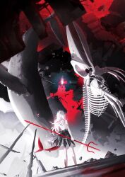 2girls absurdres alternate_color animal_skeleton ash_again_(gawr_gura) backless_dress backless_outfit black_dress contrast dress falling fins fish_tail floating_hair from_behind gawr_gura highres holding holding_polearm holding_weapon hololive hololive_english light_particles limited_palette long_hair multicolored_hair multiple_girls official_alternate_costume onecolo133 partially_colored polearm red_streaks ruins shark_tail standing streaked_hair tail tiara trident virtual_youtuber weapon whale white_hair