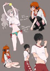 1boy 2girls amamiya_ren arms_up bikini black_hair blonde_hair blunt_bangs bra brown_background english_text full_body glasses gluteal_fold headphones highres long_hair multiple_girls multiple_views navel oui_zen persona persona_5 red_hair sakura_futaba school_uniform short_hair sidelocks squatting swimsuit takamaki_anne twintails twitter_username underwear undressing upper_body yawning