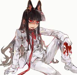 1girl 2ya0213 alucard_(hellsing) black_hair formal_clothes genderswap genderswap_(mtf) girlycard hellsing highres long_hair nazi pants red_eyes red_leash solo suit vampire very_long_hair white_pants white_suit