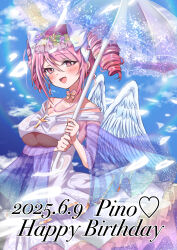 1girl absurdres angel_wings blue_sky blush bow bowtie breasts character_name choker cloud cloudy_sky collarbone covered_navel cross dated day dress drill_hair feathered_wings flower hair_between_eyes hair_bow happy_birthday head_wreath heart highres holding holding_umbrella jashin-chan_dropkick jewelry large_breasts long_hair nbnbmanamin necklace open_mouth pink_bow pink_bowtie pink_choker pink_eyes pink_flower pink_hair pino_(jashin-chan_dropkick) signature sky smile solo twin_drills twintails umbrella white_bow white_dress white_wings wings yellow_flower