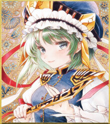 Rule 34 | 1girl, asymmetrical hair, blue eyes, blue hat, blue vest, bow, breasts, buttons, closed mouth, commentary request, epaulettes, floral background, frilled hat, frills, green hair, hat, holding, long sleeves, marker (medium), medium breasts, rod of remorse, s.mamiya, shiki eiki, shikishi, shirt, short hair, sleeve bow, solo, touhou, traditional media, upper body, vest, white bow, white shirt, yellow background