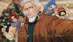 Rule 34 | absurdres, blue eyes, blue hair, bright pupils, brown jacket, buggy the clown, christmas tree, clown nose, disembodied hand, facial hair, glasses, goatee, gol d. roger, grey eyes, grin, heart, highres, jacket, lipstick, long hair, makeup, merry christmas, mustache, one piece, ponytail, purple scrunchie, red hair, red lips, red nose, round eyewear, scar, scar across eye, scar on face, scrunchie, shanks (one piece), silvers rayleigh, smile, stubble, thumbs up, vamos mk, white hair, white pupils