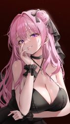Rule 34 | 1girl, absurdres, arm under breasts, bare shoulders, black choker, black dress, black ribbon, black wrist cuffs, blush, breasts, choker, cleavage, collarbone, commentary, criss-cross halter, dorothy (nikke), dress, fankey, fingernails, goddess of victory: nikke, grin, hair bun, hair ribbon, halterneck, highres, large breasts, long hair, looking at viewer, nail polish, pink eyes, pink hair, pink lips, pink nails, red background, ribbon, single side bun, smile, solo, wrist cuffs