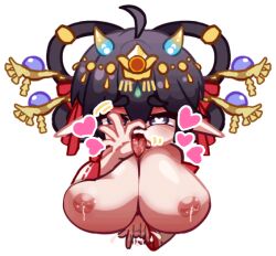 1girl black_hair breasts chibi chibi_only chinese_commentary commentary_request fellatio_gesture fingering hair_ornament hair_rings hair_stick haitai_(haitai_umita) haitai_umita heart heart-shaped_pupils huge_breasts indie_virtual_youtuber lactation nipples nontraditional_miko oral_invitation pointy_ears purple_eyes solo symbol-shaped_pupils tongue tongue_out virtual_youtuber