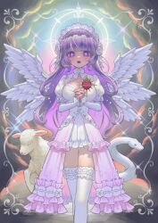 1girl absurdres angel angel_wings beads blunt_bangs bow bowtie breasts christianity cleavage cleavage_cutout clothing_cutout cloud colored_inner_hair commentary commission cross cross-laced_clothes cross-laced_dress cross_earrings cross_in_eye dot_nose dress dress_bow earrings fang feet_out_of_frame frilled_dress frilled_thighhighs frills furrowed_brow hair_beads hair_ornament halo heart heart_earrings highres indie_virtual_youtuber jewelry lamb large_breasts layered_dress light_blush long_dress long_hair long_sleeves looking_at_viewer loose_hair_strand maid_headdress multicolored_hair nelta_rene open_mouth own_hands_together pink_dress pink_hair praying puffy_short_sleeves puffy_sleeves purple_eyes purple_hair rainbow_gradient religion see-through_clothes see-through_dress sheep shien_kuyuru short_dress short_sleeves skeb_commission snake solo sparkle standing symbolism teeth thigh_gap thighhighs thorns twitter_username upper_teeth_only very_long_hair watermark white_bow white_bowtie white_dress white_halo white_headwear white_snake white_thighhighs white_wings wings zettai_ryouiki