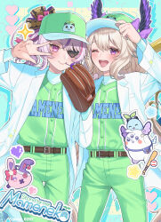 Rule 34 | 2girls, :d, aloupeep (enna alouette), artist name, baseball cap, baseball glove, baseball uniform, belt, blonde hair, blush, bow, enna alouette, eyepatch, hair between eyes, hair bow, hat, head wings, heart, highres, jacket, looking at viewer, mameneko (leos vincent), maria marionette, marippet (maria marionette), multicolored hair, multiple girls, nijisanji, nijisanji en, one eye closed, open mouth, pico 0202, pink hair, purple eyes, smile, sparkle, sportswear, streaked hair, twitter username, virtual youtuber, w, white jacket, wings