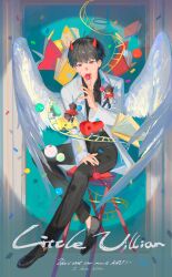 1boy absurdres blood blood_on_face blood_on_neck book candy character_doll confetti crossed_legs demon_horns different_shadow dokkaebi doll doorway drop_shadow english_text fake_blood feathered_wings film_reel food full_body grin halo hand_on_own_leg highres holding holding_candy holding_food holding_lollipop horns lantercat leukocoria lollipop male_focus omniscient_reader&#039;s_viewpoint on_stool open_book red_eyes sitting smile solo spotlight too_many too_many_books toy_train white_wings wings