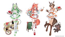 3girls ahoge airi_viridis akrngo_0708 alternate_costume animal_ear_fluff animal_ears apple bandaged_arm bandaged_leg bandages blue_eyes boots bow bowtie braid breasts brown_boots brown_eyes brown_gloves brown_hair chalkboard_sign cleavage closed_mouth cup demon_horns demon_tail dress drinking_glass elbow_gloves enmaided facial_mark flower food frilled_dress frills fruit gloves grapes green_bow green_bowtie green_dress green_eyes green_hair green_shoes hair_bow hair_flower hair_ornament hair_over_one_eye heart heart_facial_mark highres holding holding_tray horns horse horse_ears horse_girl horse_tail large_breasts long_hair maid maid_headdress medium_breasts menu_board mozumi_pichi multicolored_hair multiple_girls name_tag official_art one_eye_closed open_mouth orange_dress orange_hair pear pink_hair red_flower red_shoes shoes short_hair sleeveless sleeveless_dress streaked_hair tail teacup teapot thigh_strap thighhighs tomoe_umari tray twin_braids umarmy_(tomoe_umari) v-dere virtual_youtuber watermark web_address white_background white_bow white_bowtie white_gloves white_hair white_thighhighs wolf_ears wolf_girl wolf_tail x_hair_ornament