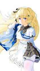 1girl absurdres atzza_a black_bow black_collar black_gloves blonde_hair blue_sash bow breasts closed_mouth collar commentary_request cowboy_shot gloves hair_bow hair_ornament hand_up high-waist_skirt highres large_breasts light_blush long_hair long_sleeves looking_at_viewer no_headwear pantyhose partial_commentary phoebe_(wuthering_waves) purple_eyes sash shirt simple_background skirt smile solo striped_bow thighband_pantyhose very_long_hair white_background white_pantyhose white_shirt white_skirt wuthering_waves x_hair_ornament