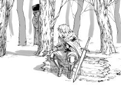 2boys aged_down armored_boots arrow_(projectile) axis_powers_hetalia blood blood_on_clothes blood_on_face blood_on_ground blood_on_hands blush boots branch cape child clenched_hand coat commentary_request covered_mouth cross cross_print day donki_(dnkfuaka1) forest full_body fur_hat greyscale hand_on_own_chest hat highres holding holding_arrow injury long_sleeves looking_at_another monochrome multiple_boys nature open_mouth outdoors prussia_(hetalia) russia_(hetalia) scarf shadow shirt short_hair snow standing sweatdrop sword tree weapon winter