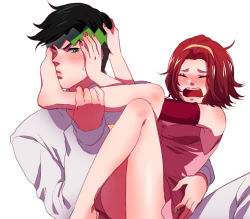 1boy 1girl arm_warmers bad_id bad_pixiv_id barefoot black_hair blush brown_hair dress closed_eyes feet kissing_foot green_eyes hand_on_another&#039;s_head hand_on_another&#039;s_hip headband hetero jojo_no_kimyou_na_bouken kishibe_rohan kiss leg_up nail_polish noriuma one_eye_closed pink_dress pushing_away sugimoto_reimi sweatdrop