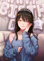 1girl absurdres arm_up armpit_crease balloon bare_shoulders birthday black_hair blunt_ends blurry blurry_background blush casual clenched_hand closed_mouth collarbone couch depth_of_field dot_nose eyebrows_hidden_by_hair eyelashes fang hair_between_eyes half-closed_eyes hand_on_own_cheek hand_on_own_face hand_up happy_birthday highres indoors komori_(koori_zokusei_danshi) koori_zokusei_danshi_to_cool_na_douryou_joshi lipstick long_hair long_sleeves looking_at_viewer makeup off_shoulder official_art on_couch one_eye_closed open_clothes pillow plaid_pillow print_pillow puffy_long_sleeves puffy_sleeves sitting skin_fang sleeveless sleeves_past_wrists slit_pupils smile solo star_(symbol) star_balloon straight-on swept_bangs tiara tonogaya upper_body yellow_eyes