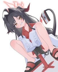 1girl armband black_tail blue_archive brown_hair demon_girl demon_horns demon_tail grey_shorts halo highres horns kasumi_(blue_archive) lab_coat long_hair red_halo red_shirt shirt short_shorts shorts simple_background solo tail thighs ugaaaa1 white_background yellow_eyes
