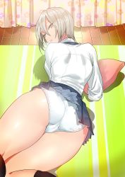 Rule 34 | 10s, 1girl, absurdres, ass, bad id, bad pixiv id, blouse, blue eyes, blush, commentary request, curtains, female focus, from behind, girls und panzer, hair between eyes, highres, indoors, itsumi erika, konrohhh, kuromorimine military uniform, lips, long hair, looking at viewer, lying, miniskirt, on stomach, panties, pantyshot, school uniform, shirt, silver hair, skirt, solo, thighs, underwear, white panties, white shirt, wooden floor