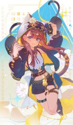 1girl absurdres animal ankh arknights belt between_fingers black_cat black_footwear black_jacket black_ribbon black_shorts blue_eyes blush brown_belt brown_hair cat chinese_commentary closed_mouth commentary_request ear_piercing flower full_body glint gold hair_behind_ear head_chain hieroglyphics highres holding hood hood_up hooded_jacket infection_monitor_(arknights) jacket jewelry jumping long_hair long_sleeves looking_at_viewer midriff navel neck_ribbon o-ring open_clothes open_jacket pepe_(arknights) piercing ribbon shaokao_lajitong shorts smile solo sparkle two-sided_fabric two-sided_jacket white_flower yellow_jacket