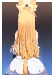 Rule 34 | 1girl, animal ears, bare shoulders, black background, blonde hair, blue archive, blue background, border, bow (bhp), detached sleeves, dress, facing away, fox ears, fox girl, fox tail, from behind, gradient background, hair focus, halo, long hair, outside border, revision, seia (blue archive), sleeve bow, solo, tail, white border, white dress, yellow halo
