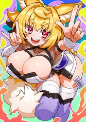 1girl animal_ears arm_wrap blonde_hair blush borrowed_character breast_cutout breasts cleavage commission fishnet_leotard fishnets fox_ears fox_girl fox_shadow_puppet fox_tail fuji_tarawi highres jewelry konari_konshirou large_breasts leotard looking_at_viewer ofuda open_mouth original purple_thighhighs red_eyes revealing_clothes ring skeb_commission smile solo tail thighhighs underbust wedding_ring