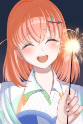 Rule 34 | 1girl, :d, ^ ^, absurdres, blue background, blue dress, blush, closed eyes, collared dress, commentary, dark background, dress, facing viewer, fireworks, genyo yako, hair ornament, hairclip, highres, hinoshita kaho, holding, holding fireworks, link! like! love live!, love live!, medium hair, miyavi (myv dr), official alternate costume, open mouth, smile, solo, sparkler, teeth, two side up, upper teeth only, virtual youtuber