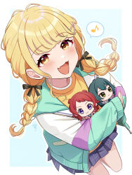 1girl black_bow blonde_hair blue_skirt blush bow braid chibigurumi commentary_request fang fujita_kotone gakuen_idolmaster hair_bow hanami_saki highres hugging_doll hugging_object idolmaster jacket long_hair looking_at_viewer multicolored_jacket musical_note pleated_skirt sakura_ran simple_background skin_fang skirt smile solo spoken_musical_note tsukimura_temari twin_braids white_background yellow_eyes