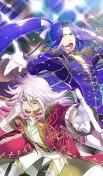Rule 34 | 2boys, aiguillette, bishounen, boots, bow, chest markings, commentary, curtained hair, epaulettes, fate/grand order, fate (series), gloves, glowing, gold choker, gold trim, green eyes, grey boots, hair bow, high ponytail, idol, jacket, long hair, looking at viewer, male focus, microphone, multiple boys, official art, open clothes, open jacket, open mouth, pants, ponytail, purple eyes, purple hair, purple jacket, red jacket, sasaki kojirou (fate), sasaki kojirou (prince of slayer) (fate), siegfried (fate), siegfried (prince of slayer) (fate), sparkle, suzuki jirou, third-party source, topless male, very long hair, white bow, white gloves, white hair, white pants
