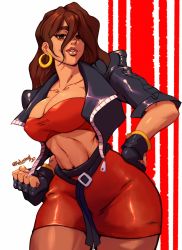 artist_name streets_of_rage streets_of_rage_4 belt blaze_fielding breasts brown_eyes brown_hair cleavage dark_skin dark-skinned_female earrings fingerless_gloves gloves hair_over_one_eye highres hoop_earrings jacket jewelry large_breasts leather leather_jacket long_hair midriff miniskirt muscular muscular_female navel nipples relusionh sega skindentation skirt smile strapless thick_lips thick_thighs thighs toned tube_top wavy_hair wide_hips