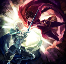 Rule 34 | 2boys, armor, black gloves, black hair, cape, emanuel (pixiv fantasia), eye contact, fighting stance, gauntlets, gloves, highres, holding, holding sword, holding weapon, looking at another, lucas (pixiv fantasia), male focus, minami seira, multiple boys, pixiv fantasia, pixiv fantasia 5, red cape, red eyes, sword, weapon, white hair