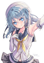 1girl absurdres beret blue_eyes blue_hair breasts donut_hair_bun double_bun elbow_gloves gloves grey_skirt hair_bun hat highres hizaka kantai_collection large_breasts looking_at_viewer neckerchief sailor_hat school_uniform serafuku signature skirt sleeves_rolled_up twitter_username upper_body urakaze_(kancolle) white_gloves white_hat yellow_neckerchief