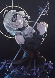 1girl ahoge bang_dream! bang_dream!_it&#039;s_mygo!!!!! black_background blonde_hair corset doloris_(bang_dream!) domino_mask flower halo highres looking_up mask medium_hair misumi_uika open_mouth own_hands_clasped own_hands_together purple_eyes rousei simple_background solo stab sword weapon