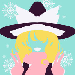 Rule 34 | 1girl, black hat, black vest, blonde hair, blue background, commentary request, curly hair, double v, gloves, hands up, hat, hat ornament, hat ribbon, highres, kirisame marisa, limited palette, maskin mei, medium hair, minimalism, open mouth, pink gloves, pink scarf, ribbon, scarf, shirt, simple background, smile, snow, snowflakes, snowing, solo, touhou, v, vest, white ribbon, white shirt, witch, witch hat