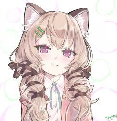 1girl animal_ear_fluff animal_ears artist_name blue_ribbon blush brown_hair collared_shirt hair_ornament highres hikari_niji jacket komachi_panko long_hair looking_at_viewer neck_ribbon phase_connect pink_jacket purple_eyes red_panda_ears red_panda_girl ribbon shirt signature smile thick_eyebrows virtual_youtuber white_background white_shirt