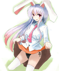 Rule 34 | 1girl, :p, animal ears, bad id, bad pixiv id, black panties, clothes lift, dress shirt, female focus, gradient hair, hokamichi, long hair, multicolored hair, panties, purple hair, rabbit ears, red eyes, red hair, reisen udongein inaba, shirt, side-tie panties, skirt, skirt lift, solo, string panties, taji (crowview), thighhighs, third eye, tongue, tongue out, touhou, underwear, upskirt, very long hair, white thighhighs