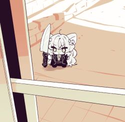 1girl :| animal_ears bow chibi chibi_only closed_mouth hair_between_eyes hair_bow highres holding holding_knife ishmael_(project_moon) jacket kirby_with_a_knife_(meme) knife limbus_company long_hair looking_at_viewer meme necktie project_moon solo v-shaped_eyebrows very_long_hair vmein_46
