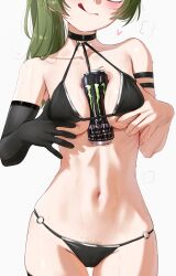 Rule 34 | 1girl, arm strap, between breasts, bikini, black bikini, black choker, black gloves, breasts, breasts squeezed together, cameltoe, can, can between breasts, choker, collarbone, commentary, elbow gloves, energy drink, english commentary, female pubic hair, gloves, green hair, head out of frame, heart, highres, licking lips, long hair, medium breasts, monster energy, navel, o-ring, o-ring bottom, pubic hair, pubic hair peek, simple background, single glove, solo, sousou no frieren, steaming body, sweat, swimsuit, tongue, tongue out, ubel (sousou no frieren), underboob, waligner, white background