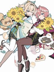 black_gloves blonde_hair blue_eyes chest_sarashi fingerless_gloves ganmo_(takane_lui) gloves hair_between_eyes hairband head_wings high-waist_shorts highres hololive japanese_clothes kazama_iroha kazama_iroha_(1st_costume) long_hair long_sleeves necktie open_mouth pantyhose pink_hair pokobee ponytail puffy_sleeves sarashi shirt short_hair shorts smile tai_inukai takane_lui takane_lui_(1st_costume) thighhighs tsukune_(takane_lui) tsumire_(takane_lui) white_shirt wings