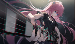 Rule 34 | 1girl, black background, black shirt, blue eyes, bocchi the rock!, concert, gotoh hitori, guitar, highres, instrument, looking at viewer, music, naovo, pink hair, playing guitar, playing instrument, shirt, solo
