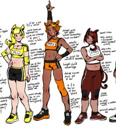 3girls abs animal_ears arm_up black_shoes black_shorts blonde_hair breasts brown_pants brown_shoes crop_top crossed_arms detached_sleeves door_knob_(horse_race_tests) elbow_pads english_text hand_on_own_hip horse_ears horse_girl horse_race_tests jovial_merryment long_hair looking_at_another looking_at_viewer looking_to_the_side mars_(rotyolk) medium_breasts medium_hair midriff multiple_girls navel orange_shirt orange_shorts pants pointing pointing_up reference_sheet shirt shoes short_hair shorts simple_background smile standing striped_clothes striped_shorts teeth vertical-striped_clothes vertical-striped_shorts white_background white_shirt yellow_(horse_race_tests) yellow_shirt yellow_shoes