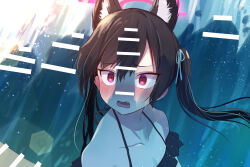 1girl animal_ear_fluff animal_ears bar_censor bare_shoulders bikini black_bikini black_hair blue_archive blue_ribbon blush cat_ears cat_girl censored collarbone commentary day ear_blush extra_ears fang floating_hair frilled_bikini frills furrowed_brow hair_between_eyes hair_ribbon halo highres lens_flare long_hair looking_at_viewer nose_blush off-shoulder_bikini off_shoulder official_alternate_costume open_mouth outdoors penis_shadow pink_halo portrait red_eyes ribbon serika_(blue_archive) serika_(swimsuit)_(blue_archive) shadow shitsugaikotsu solo swimsuit tsurime twintails water waves wide-eyed