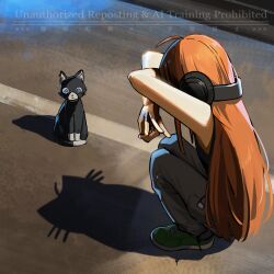 1girl ahoge arms_up black_cat black_headphones cat cat_shadow_puppet green_shoes grey_pants headphones highres long_hair morgana_(cat)_(persona_5) morgana_(persona_5) orange_hair ore_iuse outdoors pants persona persona_5 photo-referenced road sakura_futaba shadow shadow_puppet shoes sneakers squatting straight_hair tank_top