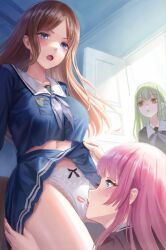 3girls bang_dream! bang_dream!_it&#039;s_mygo!!!!! blue_eyes blue_serafuku blue_shirt blue_skirt breasts brown_hair chihaya_anon clothes_lift commentary_request day eyeshadow highres indoors kafkasea lace lace-trimmed_panties lace_trim large_breasts lifting_another&#039;s_clothes light_blush lingerie lips lipstick_mark lipstick_mark_on_panties long_hair looking_at_another looking_down looking_up makeup midriff_peek multiple_girls nagasaki_soyo navel neckerchief open_mouth panties pink_hair sailor_collar school_uniform serafuku shirt skirt skirt_lift sunlight teeth tsukinomori_school_uniform underwear upper_teeth_only wakaba_mutsumi white_neckerchief white_panties white_sailor_collar yellow_eyeshadow yuri