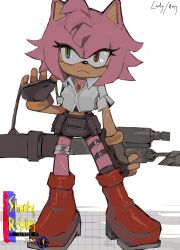 1girl amy_rose bandaged_leg bandages bonelessbastion boots character_name cosplay dated devil_may_cry devil_may_cry_(series) devil_may_cry_3 furry furry_female gloves green_eyes heterochromia highres lady_(devil_may_cry) lady_(devil_may_cry)_(cosplay) midriff pink_boots pink_fur red_eyes rocket_launcher shirt signature skirt sonic_(series) thigh_strap weapon white_shirt